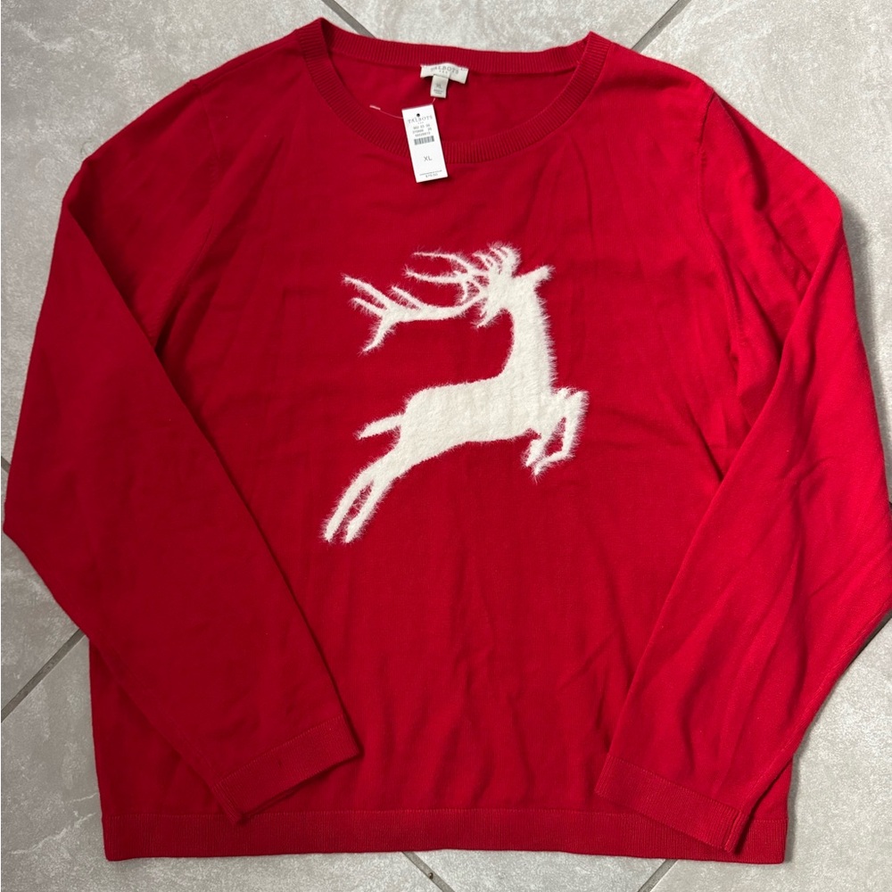 NWT Talbots Red Crewneck Sweater with Reindeer Design